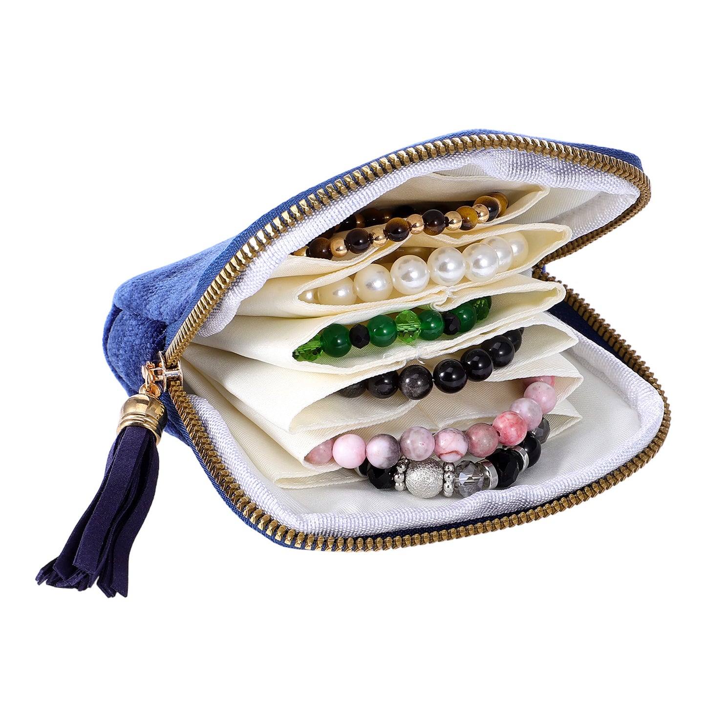 WJIAAA Small Blue Velvet Travel Jewelry Pouch, Mini Jewelry Case with Compartments Zipper, Mini Portable Organizer with Tassel Zipper, Storage Pouch for Earrings Necklaces Rings Bracelets