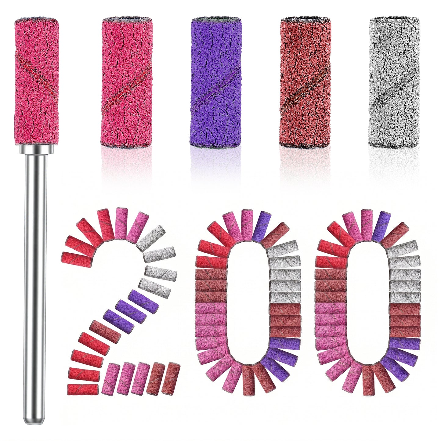 Amabro 200pcs Grit Mini Sanding Bands for Nail Drill, Mix 80 120 180 240 Fine File Sandpaper Belts with 2pcs Sandpaper Bearings Set for Acrylic Nails Gel Manicures Pedicures(Brown, Gray, Purple, Red)