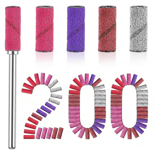 Amabro 200pcs Grit Mini Sanding Bands for Nail Drill, Mix 80 120 180 240 Fine File Sandpaper Belts with 2pcs Sandpaper Bearings Set for Acrylic Nails Gel Manicures Pedicures(Brown, Gray, Purple, Red)