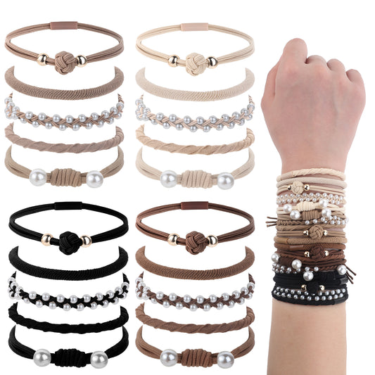 Bewudy Hair Ties Bracelets for Women, Boho Hair Ties No Damage Ponytail Holders, Elastic Boho Hair Bracelets for Women Thick Thin Long Curly(Pearl Style)