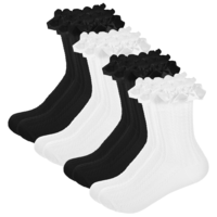 Giantree 4 Pairs Ruffle Socks Women, White and Black Ankle Socks Breathable Cotton Crew Ruffled Socks Lettuce Edge Boot Socks