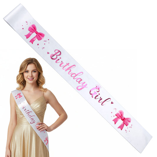 LXUEJIE Birthday Sash Pink, 1 Pc Satin Cowgirl Birthday Girl Sash For Women & Girls, Sweet Princess Queen Party Decoration Accessory, 31.89×3.66in (Hot Pink & White)