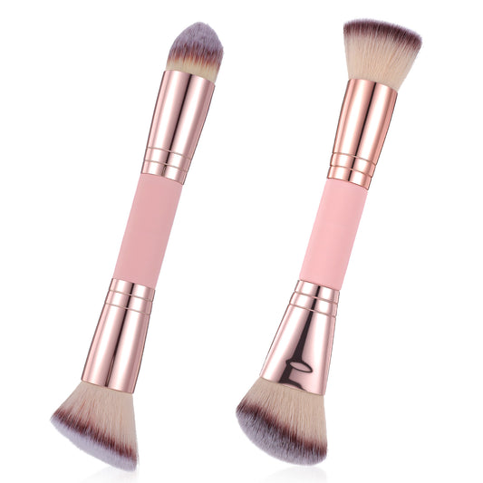 JIEYAO 2Pcs Foundation Makeup Brushes, Premium Double-ended Makeup Brush, Round/Angled Top Contour Foundation Makeup Brush Professional Blush Cosmetic Brushes for Beauty Blending Liquid Powder