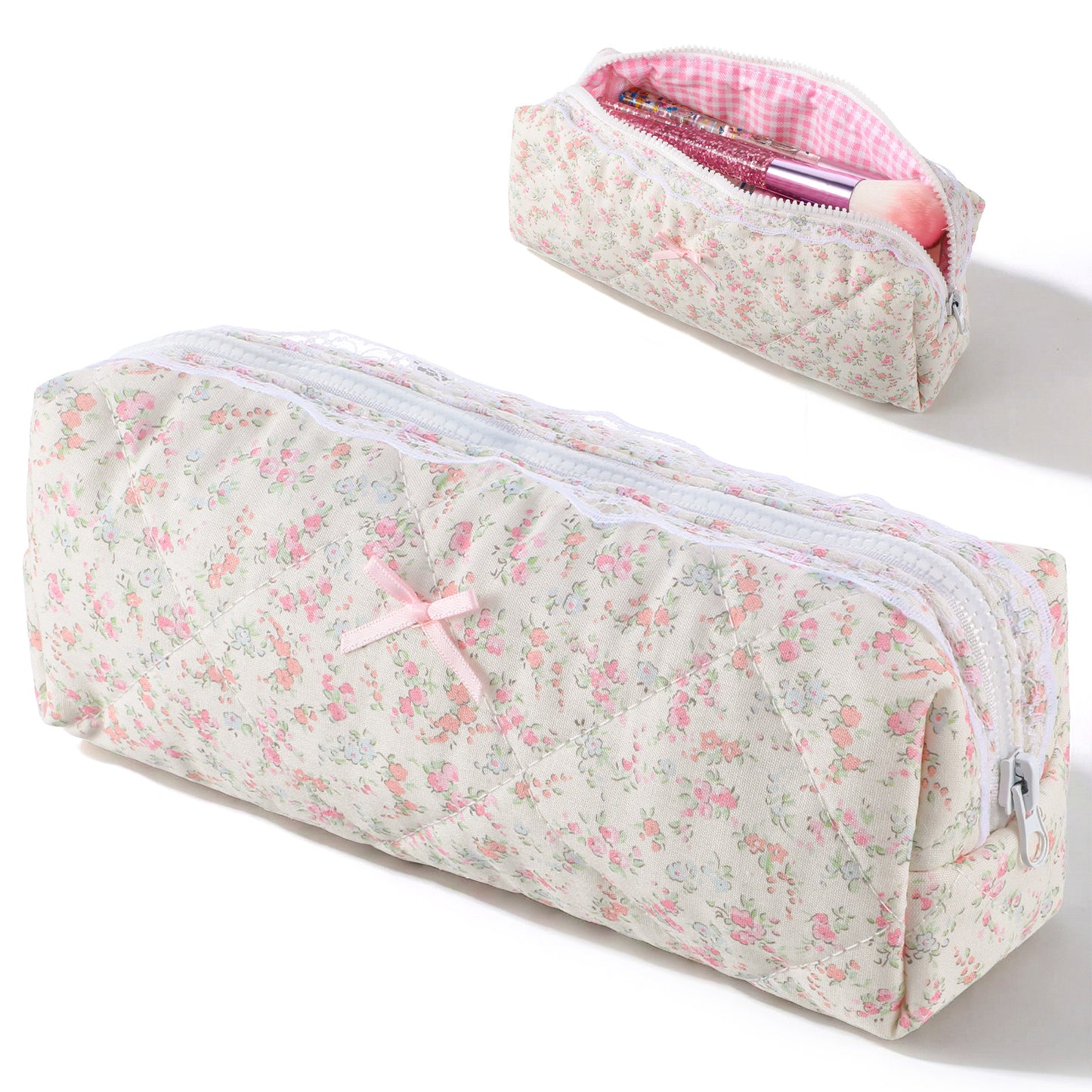 GEEHUA Quilted Makeup Bag, Floral Large Cute Cosmetic Pouch, Coquette Aesthetic Pink Makeup Pouch Cotton Puffy Travel Toiletry Storage Bag Portable Zipper Organizer (Light Pink)