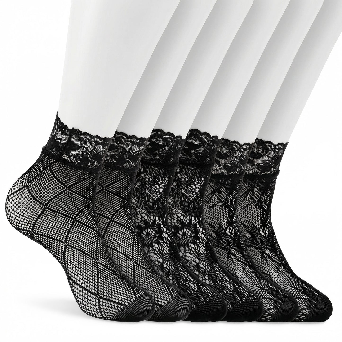 GEEHUA 3 Pairs Black Lace Socks, Sexy Mesh Fishnet Ankle Socks Sexy Hollow Mesh Lace Sock for Women(Black)