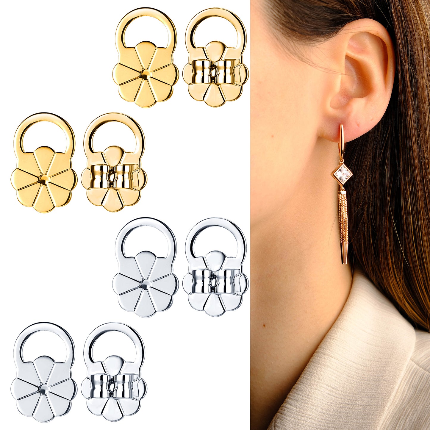 HJZHII 4 Pairs Earring Backs for Droopy Ears, Earring Lifter for Heavy Support Backs Large Backing Studs Secure Backers for Earlobe Stretched Earlobes Big Studs (Heart)