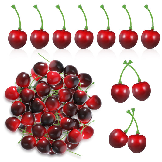JIYIN 50 PCS Artificial Red Cherries, Fake Cherry Model Lifelike Fruit Cherry Ornament Simulation Cherry Fake Fruit Model Fake Candy for Party Home Kitchen Dining Decoration (Black Red)