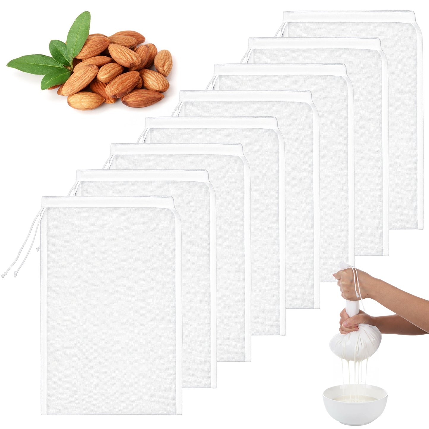 TIESOME Reusable Nut Milk Bag, 8 Pack Fine Mesh Nylon Strainer Bags with Drawstring for Almond Milk Cold Brew Coffee Greek Yogurt Juice(100 mesh)