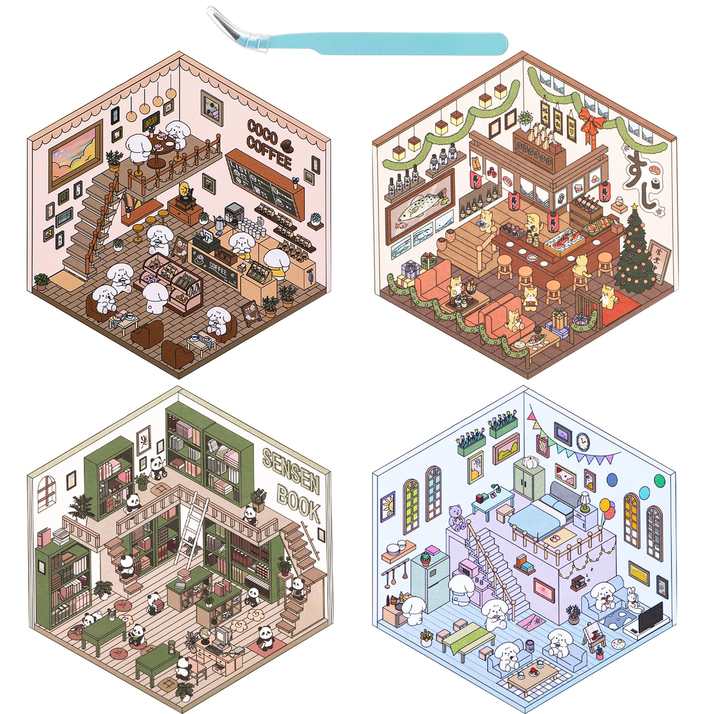 Yuanchu 3D Sticker Scene, 4 Sets DIY 3D House Sticker Set Creative Scene Fun Stacking 3D Stickers Isometric Stickers DIY Sticker Scenes 3D Miniature Sticker Therapy for Relaxing Passing The Time()