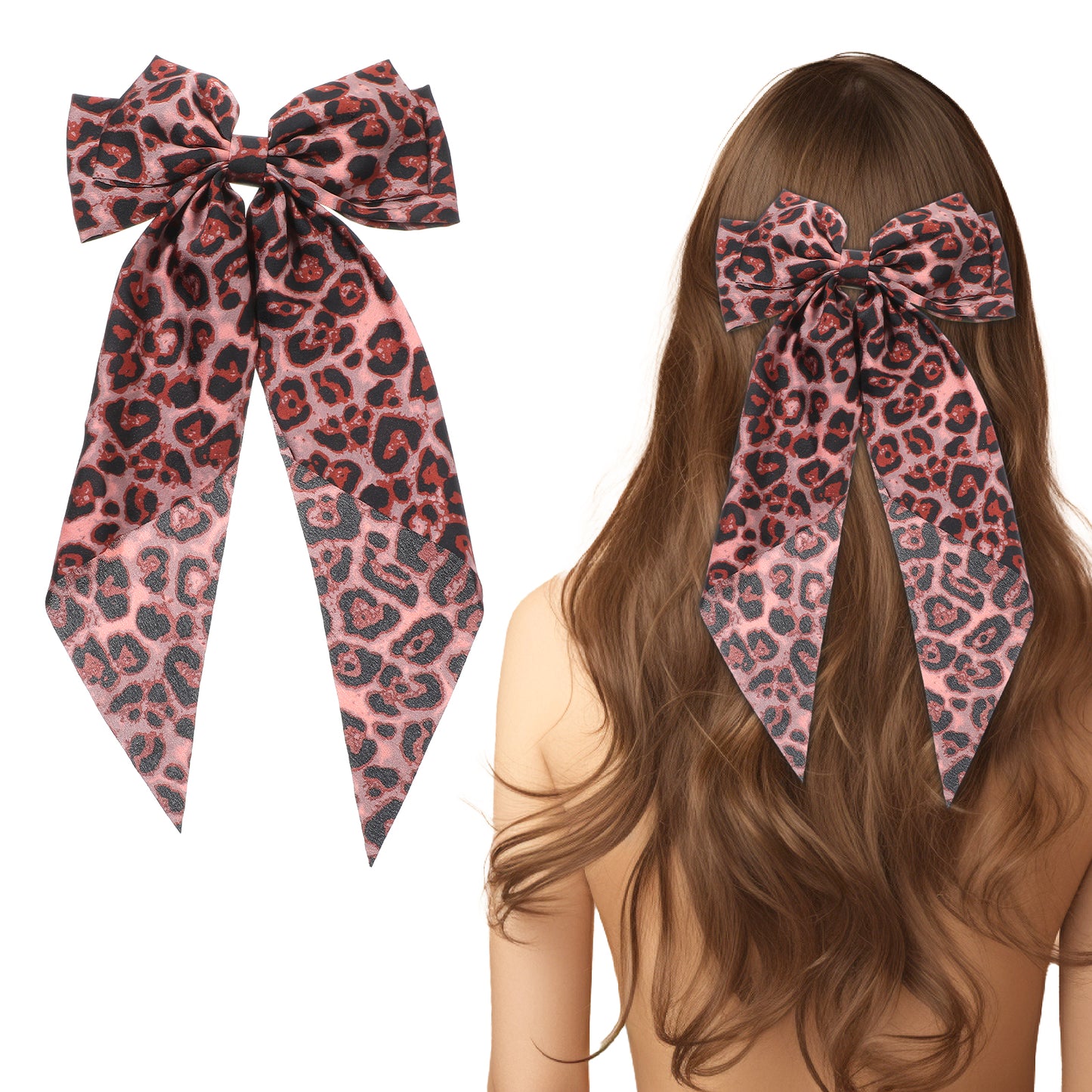 AOZUO Leopard Hair Bow Clip, Cheetah Print Hair Bow Barrette Bowknot Hair Pin with Long Tail Ponytail Holder Hair Ribbon for Women Girls Cosplay Costume Hair Accessories Decor(Red)