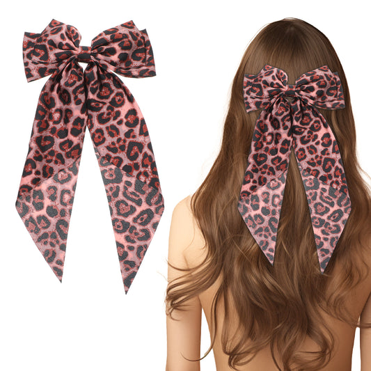 AOZUO Leopard Hair Bow Clip, Cheetah Print Hair Bow Barrette Bowknot Hair Pin with Long Tail Ponytail Holder Hair Ribbon for Women Girls Cosplay Costume Hair Accessories Decor(Red)