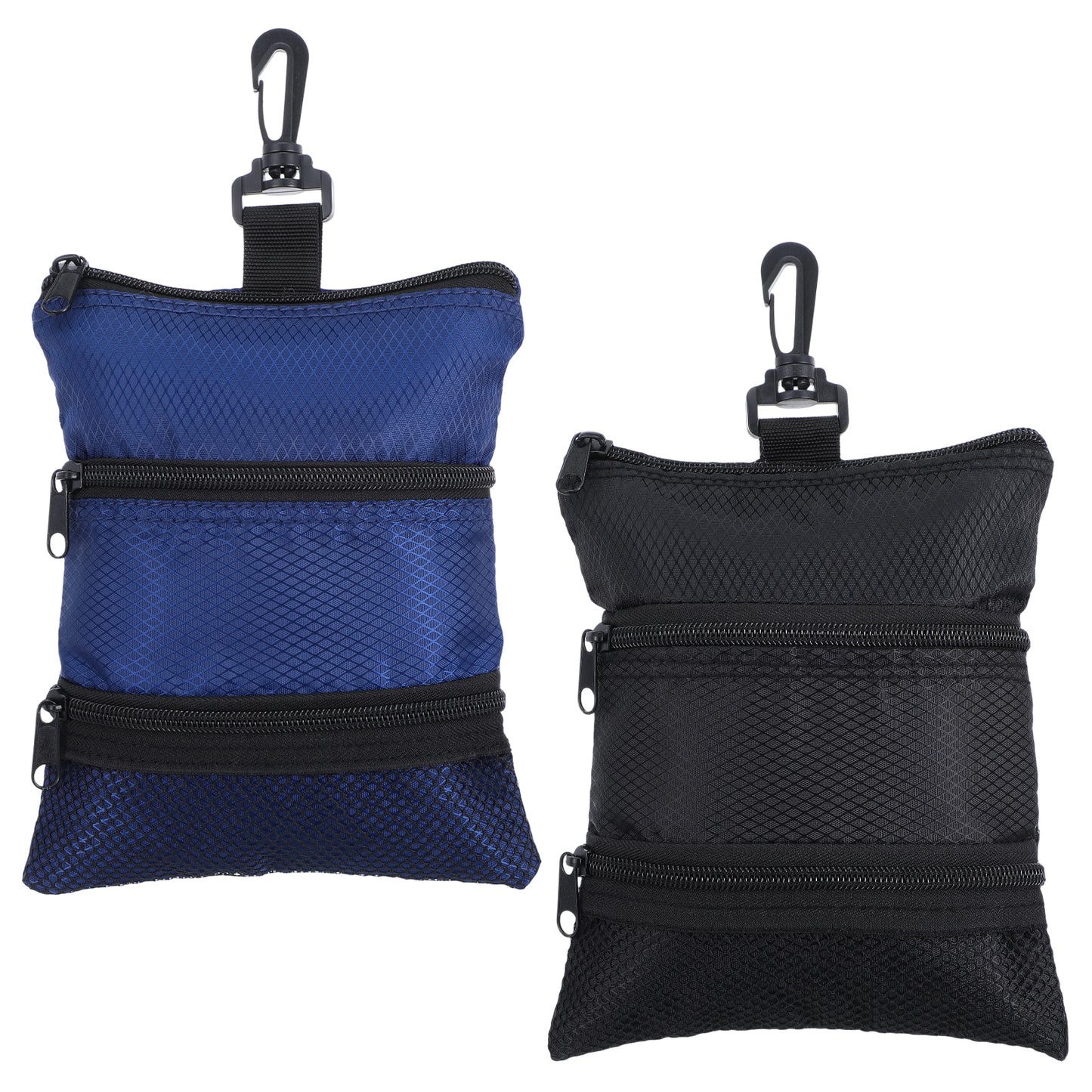 GEEHUA 2 Pcs Portable Golf Ball Storage Bags, Golf Tee Bag Pouch with Multiple Zippered Pockets, Black Blue Golfball Accessory Bag for Men & Women