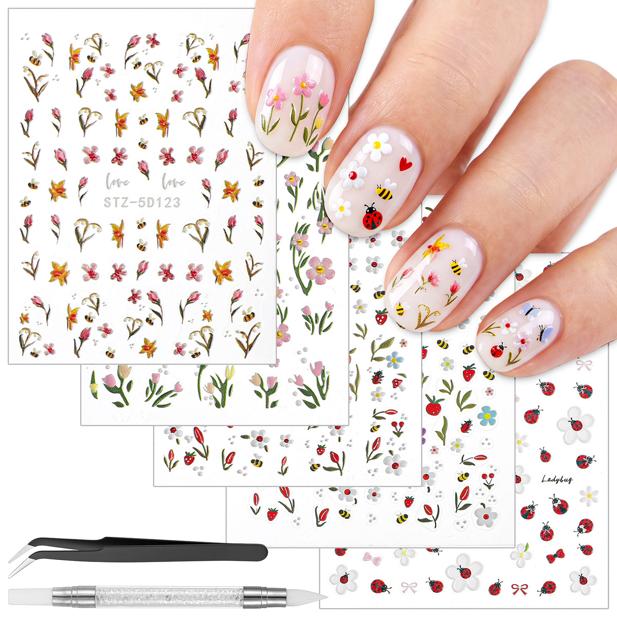 YUXMU 5 Sheets 5D Nail Stickers with 1 Silicone Pen and 1 Black Tweezer