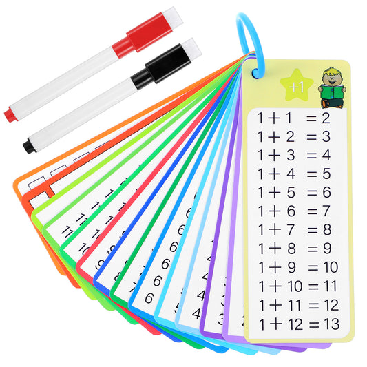 HJZHII 1-12 Addition Flashcards, 14 PCS Reusable Math Flashcards Addition Chart with Quiz Test Math Games with 2 Dry Erase Markers 1st to 3rd Grades Game