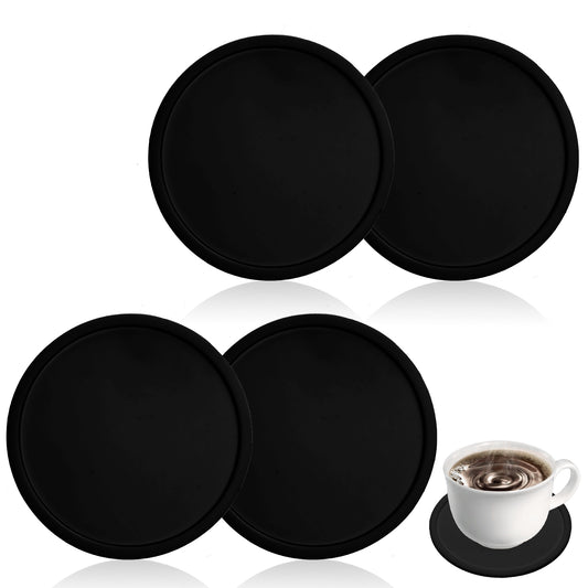 AOZUO 4pcs Silicone Coasters, Non Slip Round Cup Coasters Drink Coasters Desk Coasters Rubber Cushion Mat for Office Table Desk Kitchen Bar Furniture Beverage Coffee Tea Protection(Black)