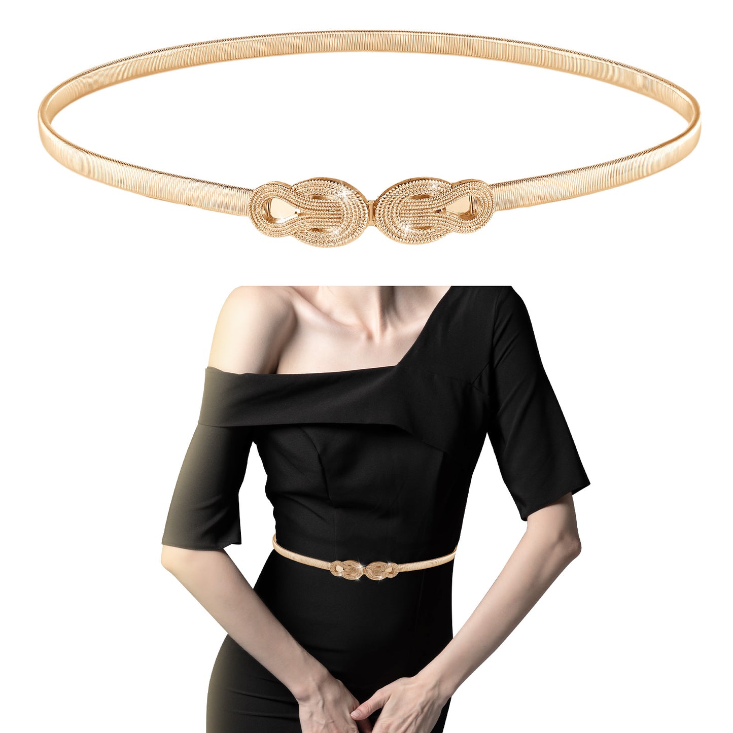 GEEHUA Gold Stretch Belts for Women, Elastic Gold Chain Belt for Dresses Skinny Thin Waistband Ladies Dress Waist Band