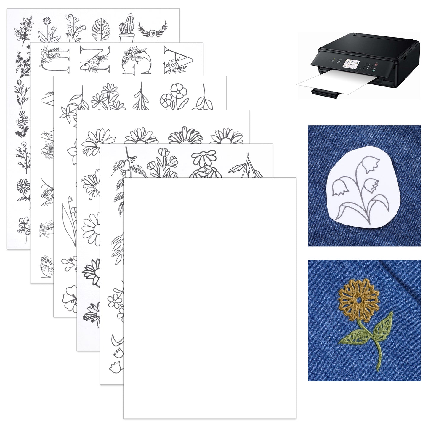 AOZUO 6 PCS Sticky Water Soluble Embroidery Stabilizer, 11.7"x 8.26" Alphabet Flower Dissolvable Paper Small Floral Letter Self Adhesive Wash Away Stabilizer for Hand Machine Embroidery(Alphabet,Big)