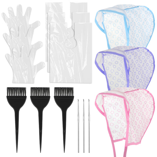 Bewudy 3 Sets Hair Highlighting Caps Kit for Salon Hair Dyeing Hairdressing and DIY Dyeing Hair (with Highlight Caps for Hair, Hair Highlighting Crochet Hooks, Dye Brushes, Gloves, Hair Dye Shawl)