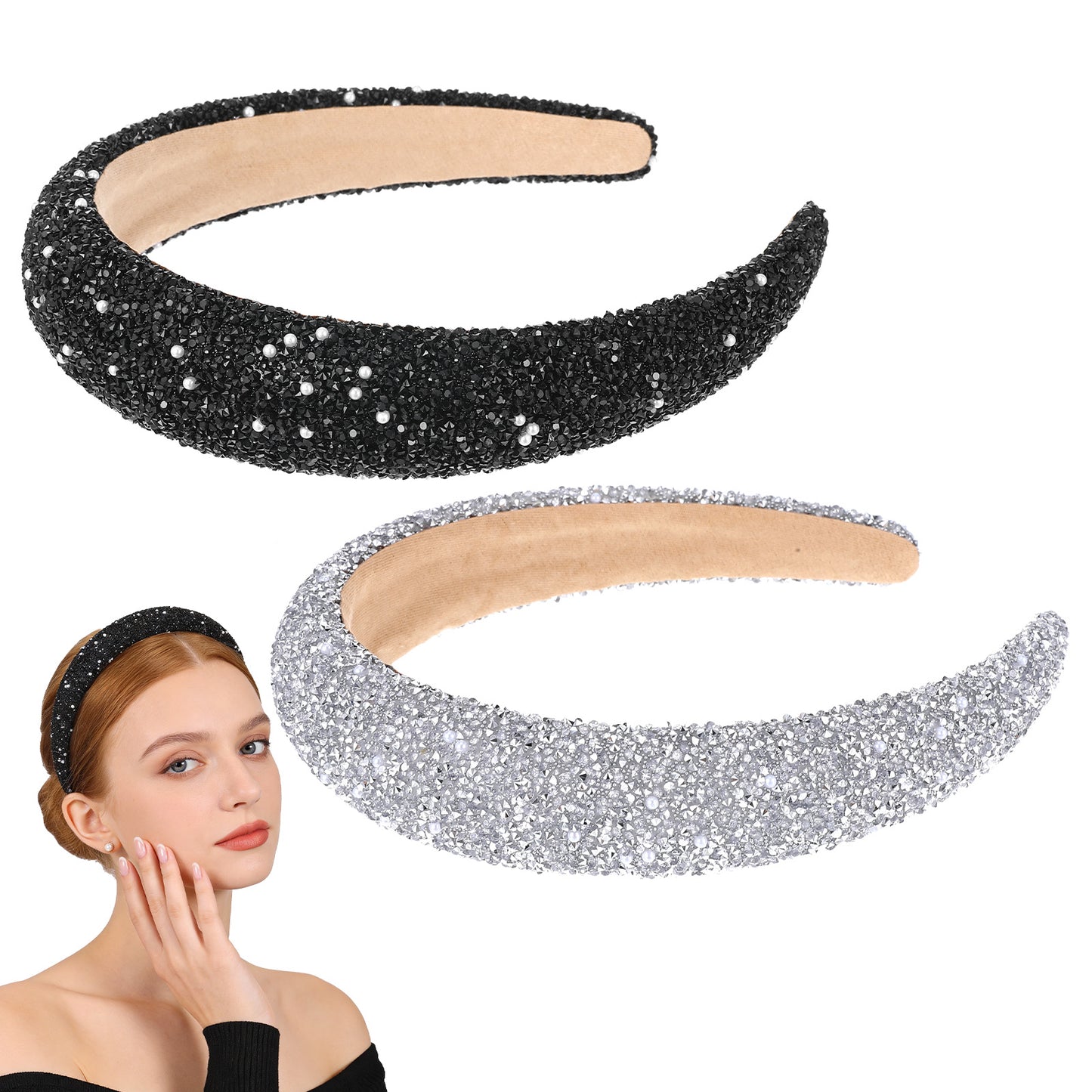 DOPENSPI 2PCS Rhinestone Headbands for Women, Thick Padded Sparkly Headbands for Women Glitter Rhinestone Pearls Hairband Bling Crystal Hair Accessories