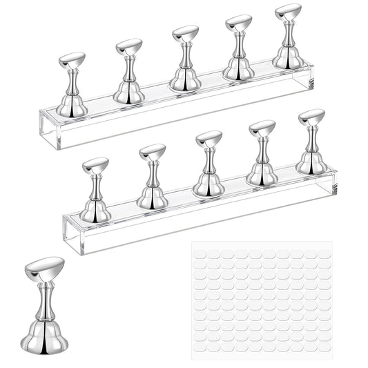 LXUEJIE Acrylic Nail Display Stand, 2 Set Magnetic Nail Tips Practice Holder Nail Crystal Holder for Nail Art with Reusable Adhesive Putty Nail Stand for Press On Nails DIY Painting(Silver)
