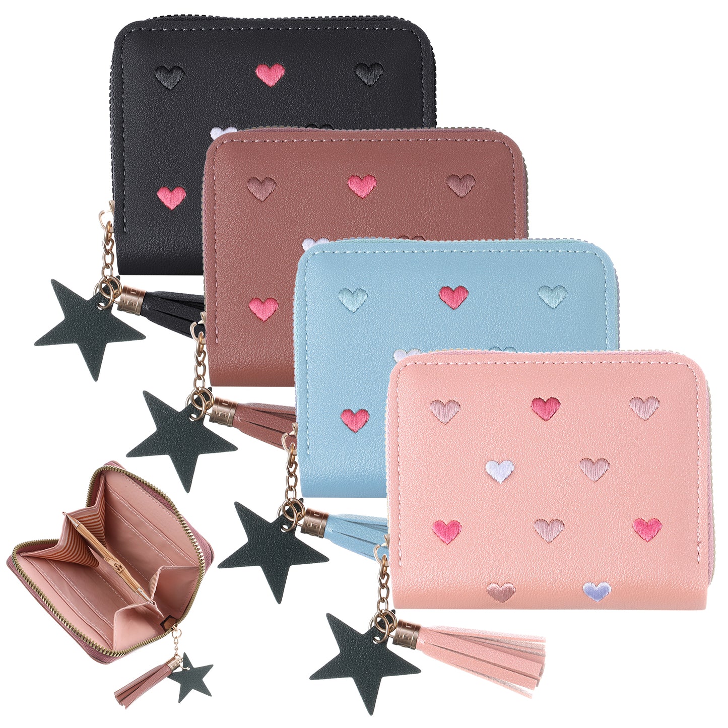 Yuanchu 4Pcs Cute Tassel Zipper Wallets, Small Star Pendant Purse PU Leather Coins Pocket Waterproof Lightweight Purse with Embroidery Hearts for Women Gift