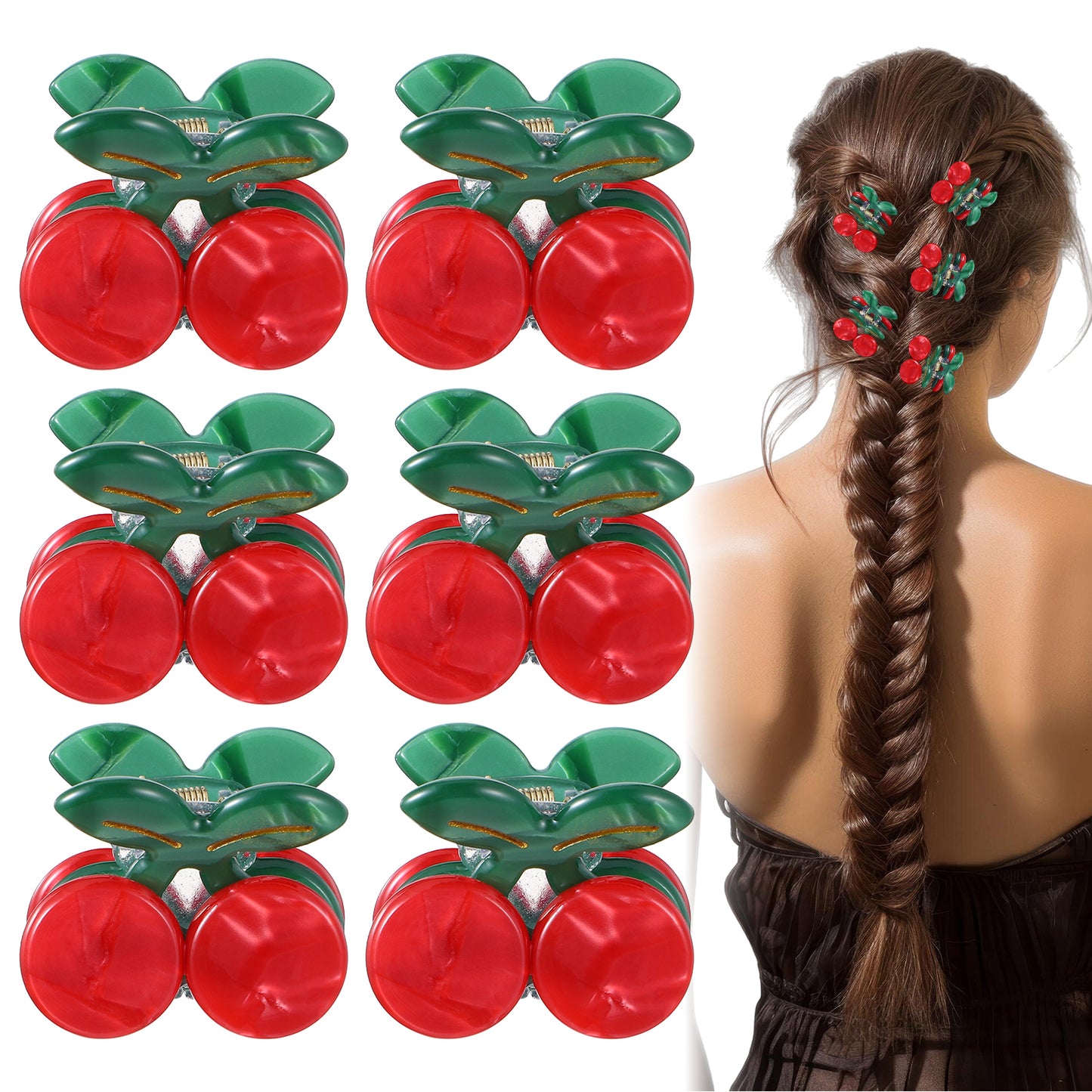XLIUAX 6 Pcs Cherry Hair Clip, Cherry Hair Accessories Cherries Hairs Clips Cute Hairs Clips for Girls Woman Headwear Red Berry Decorative Holders Berry Claw Metal Spring Small Red Cartoon Holders