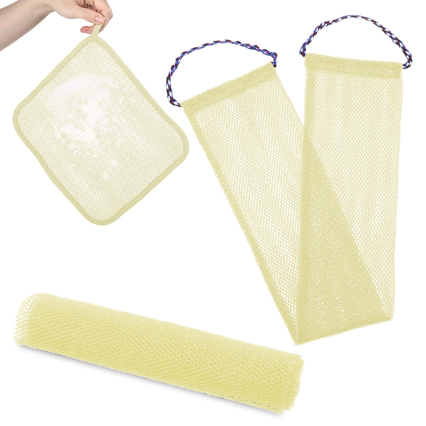 Yuanchu 3Pcs African Net Sponge Washcloth Set, Nylon African Exfoliating Net Long African Mesh Bath Sponge Body Scrubber Shower Essentials for Face Back(Cream)