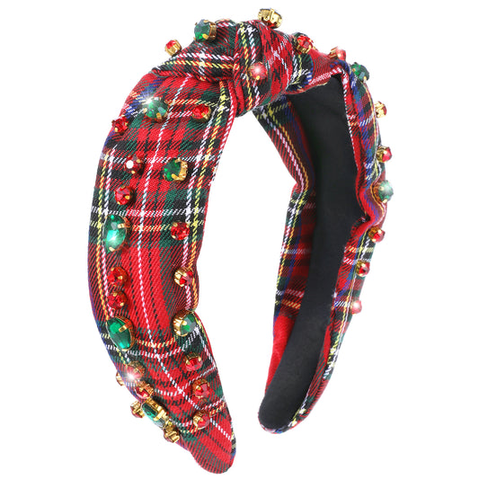 JIEYAO Christmas Headbands for Women Green Red Plaid Headband Jeweled Crystal Wide Knotted Headband Xmas Holiday Hair Accessories Gifts