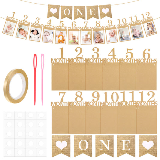 JIYIN 1st Birthday Baby Photo Banner, Newborn to 12 Months Milestone Photograph Prop Garland Decor With Kraft Paper Frames, First Birthday Celebration Backdrop Decorations