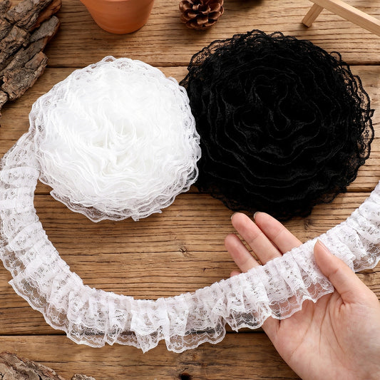 JJUNW 10 Yards Lace Ribbon, Width White Black Lace Ruffle Trim, 1.77 in Width Ruffle Ribbon for Sewing Crafts Wedding Bridal Dress Embellishment Gift Package DIY Decor