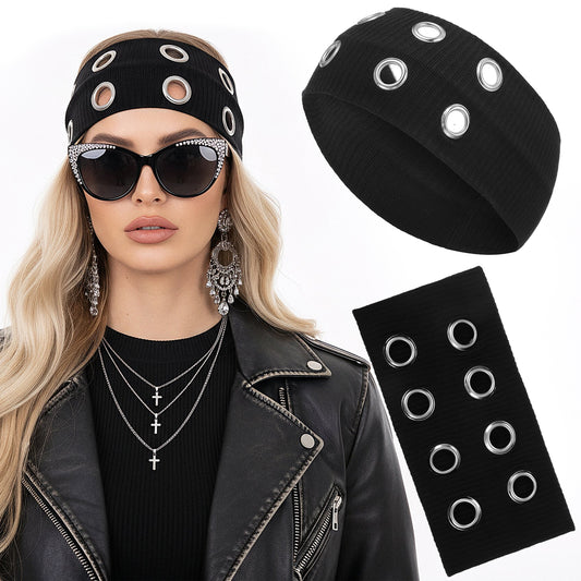 MBAIYO Hollow Eyelet Elastic Headband, Y2k Wide Grommet Headband Studded Headbands Punk Style Rivet Elastic Stretchy Hair Band Grunge Punk Hair Accessories for Women