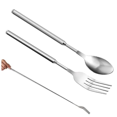 JJUNW 2 Pcs Extendable Fork Set, Telescopic Fork, Retractable Tableware Extends for BBQ Dinner Fruit Dessert Camping Travel(Fork and Spoon)
