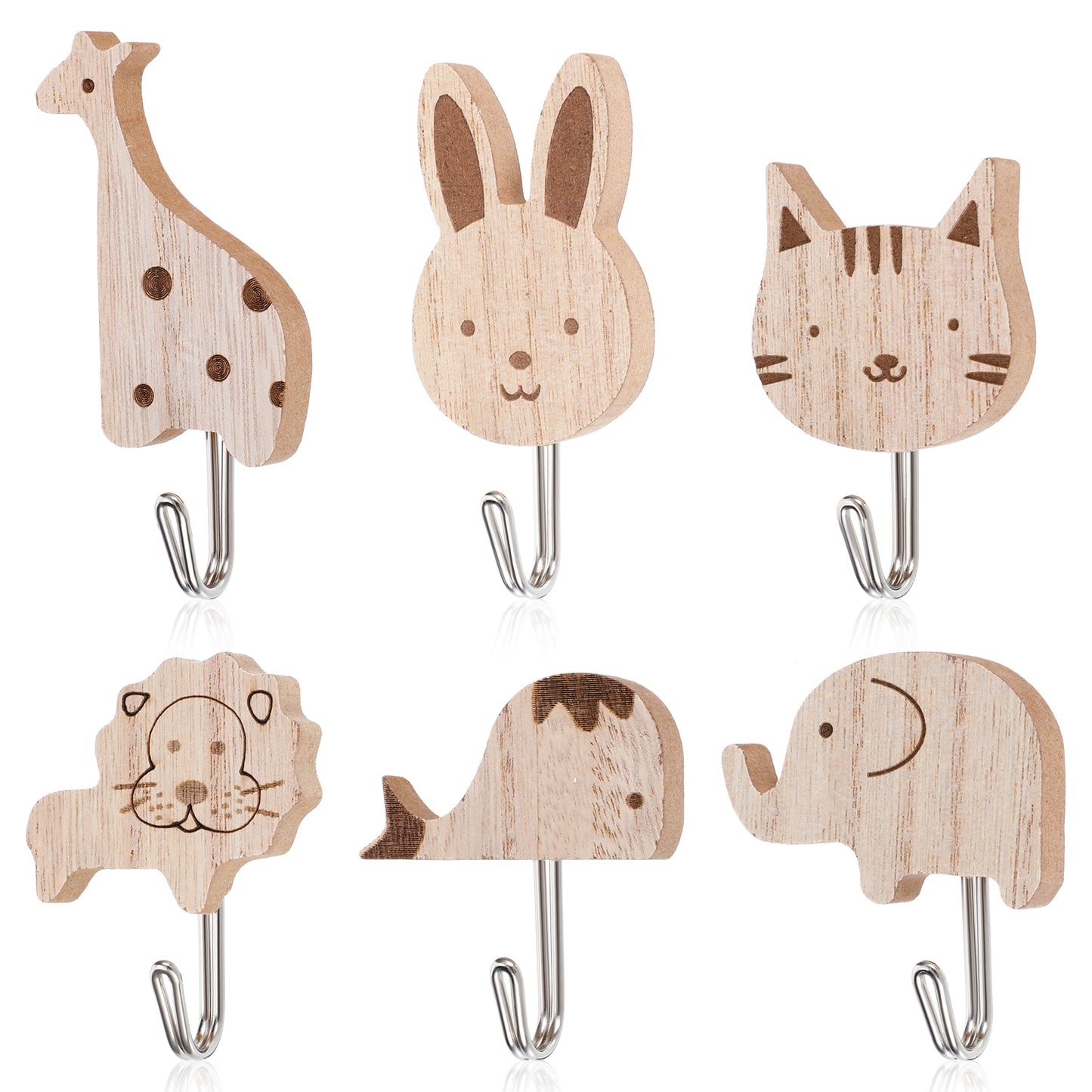 HJZHII 6Pcs Cute Animal Coat Hook, Wooden Animal Cartoon Wall Hooks Self-Adhesive Woody Decorations Elephant Whale Cat Lion Rabbit Giraffe for Bedroom Bathroom Kitchen