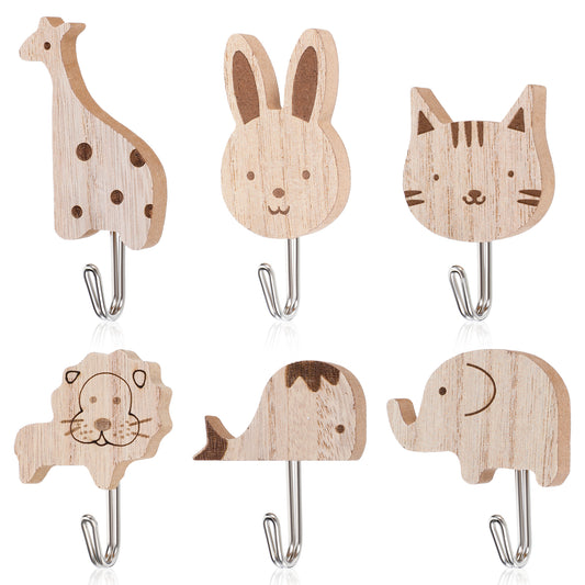 HJZHII 6Pcs Cute Animal Coat Hook, Wooden Animal Cartoon Wall Hooks Self-Adhesive Woody Decorations Elephant Whale Cat Lion Rabbit Giraffe for Bedroom Bathroom Kitchen