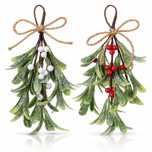 Amabro 2Pcs Artificial Mistletoe Hanging Ornaments with Red White Berries