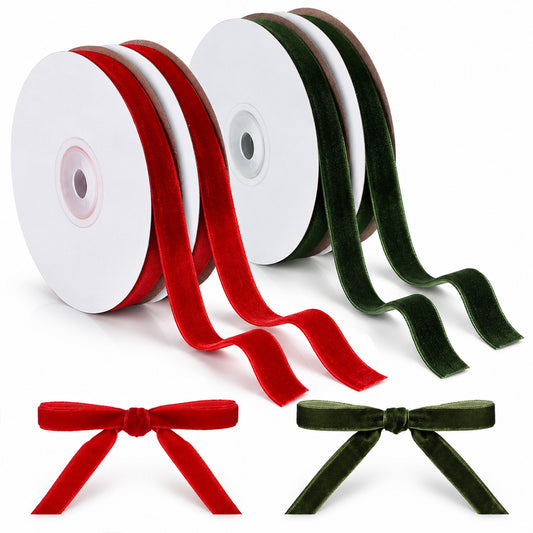 Amabro 2 Rolls Red Green Velvet Christmas Thin Ribbon for Gift Wrapping