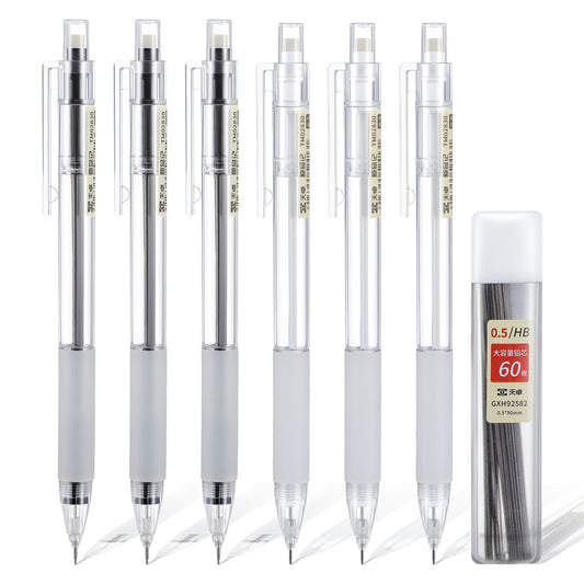 Cobee 6 Pcs Mechanical Pencil Set, 0.5mm Transparent Body Pencils with 60 Pcs Lead Refill for Drafting Sketching Writing Art Supplies