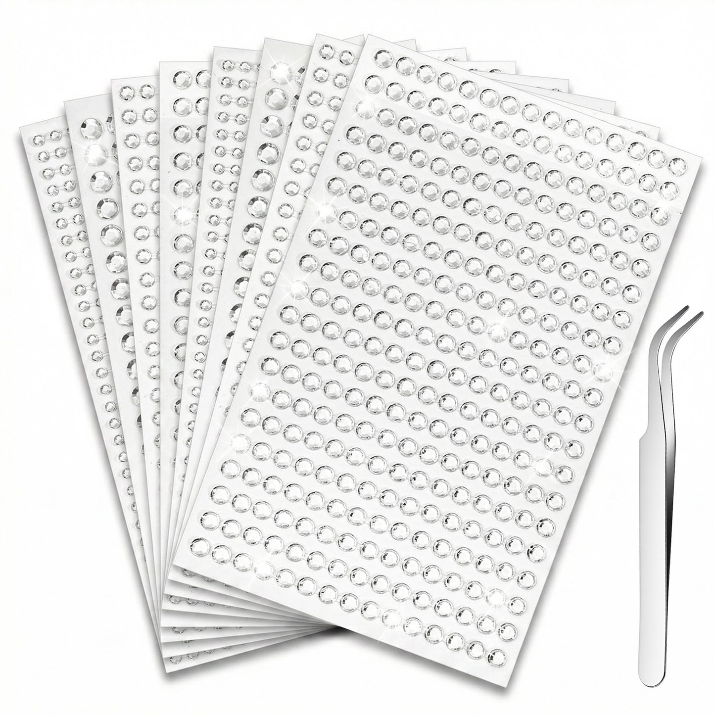 Amabro 3216pcs Face Gems Makeup Rhinestone, 8 Sheets Self Adhesive Face Jewels with Tweezer 3/4/5/6mm Bling Gem Stick On Crystal for DIY Crafts Hair Nails Eyes Makeup Body