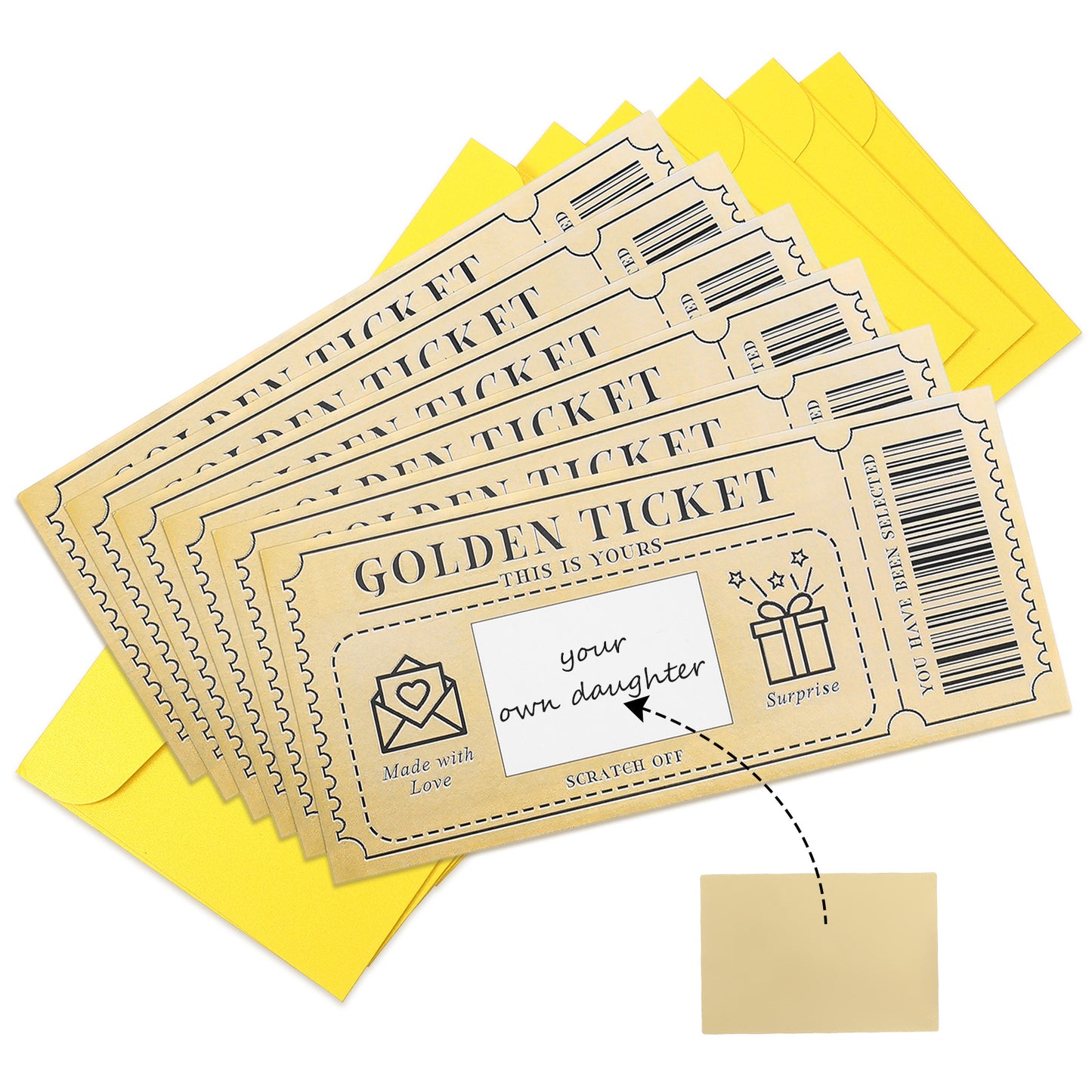 DOPENSPI 6PCS Golden Tickets, 6PCS Gold Scratch Card with Envelope Surprise Gift Reveal Scratch Off Ticket Card for Birthday Wedding Voucher Concert Ticket Cinema Voucher Raffle Gift