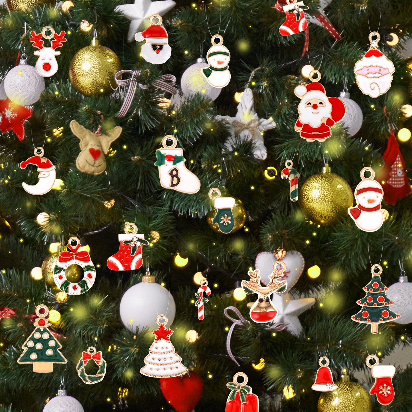 GEEHUA 30pcs Christmas Tree Ornaments with Hanging String, Mini Christmas Hanging Decorations Set Xmas Stocking Santa Claus Wreath Candy Cane Jingle Bell Gloves Snowman Reindeer Snowflake DIY Decor