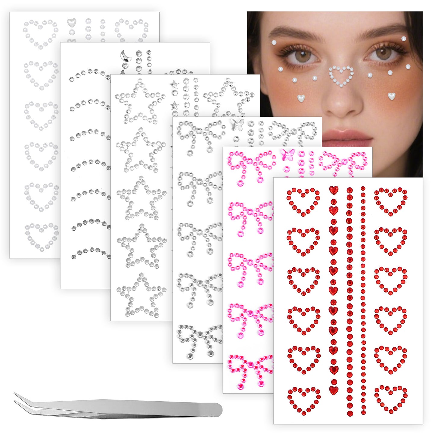 DOPENSPI 6Sheet Face Gems, Self Adhesive 3D Star Heart Face Gems Sticker