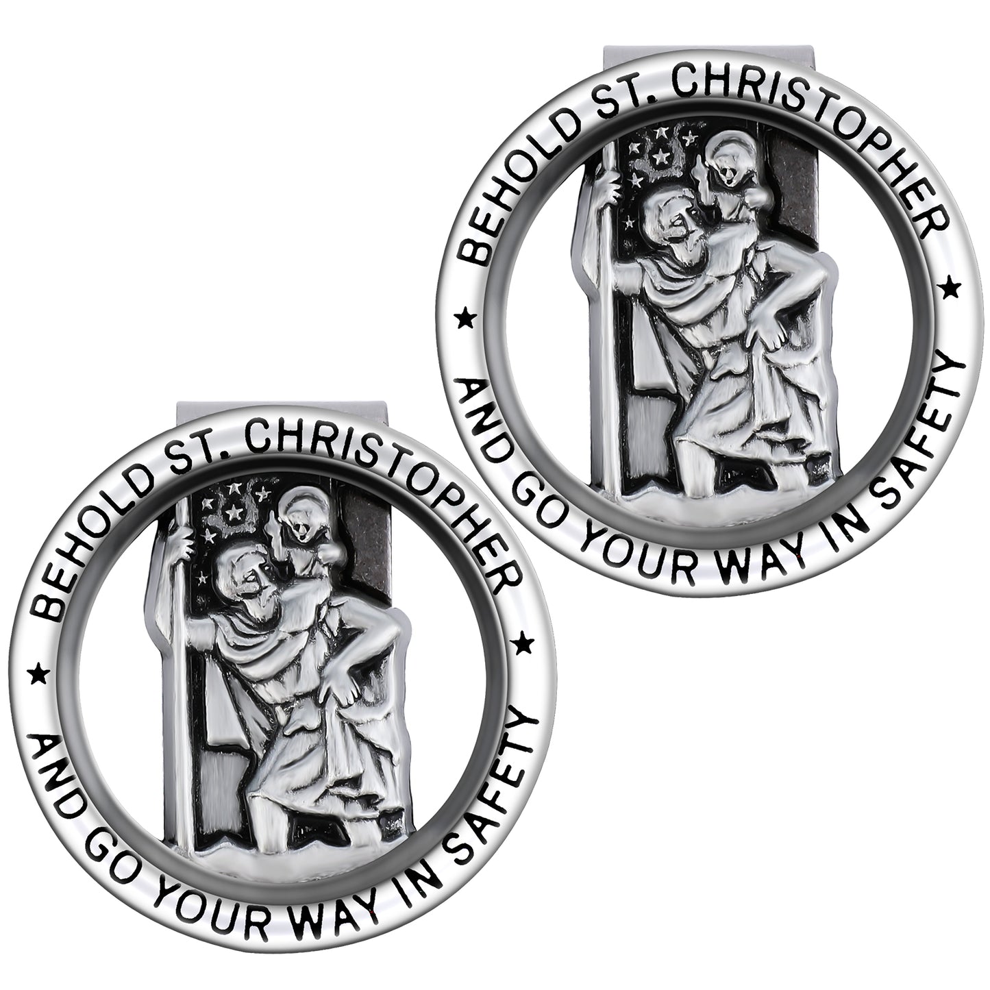 HJZHII 2Pcs Car Saint Christopher Visor Medal Clip, St Christopher Badge Clips Religious Automotive Medals Visor Bless Driving Safety Clip for New Driver Baby Driver Family Friend