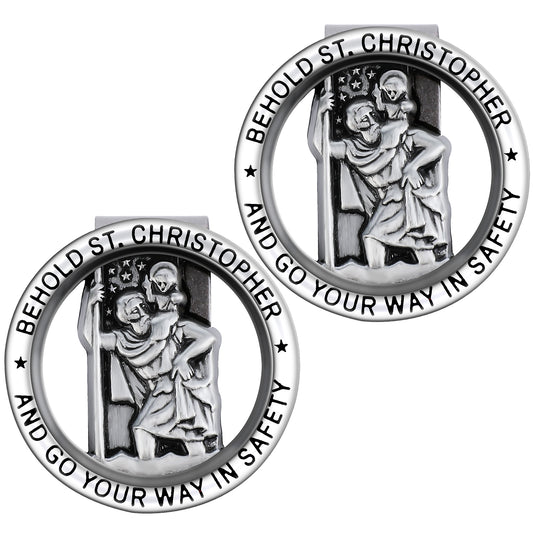 HJZHII 2Pcs Car Saint Christopher Visor Medal Clip, St Christopher Badge Clips Religious Automotive Medals Visor Bless Driving Safety Clip for New Driver Baby Driver Family Friend