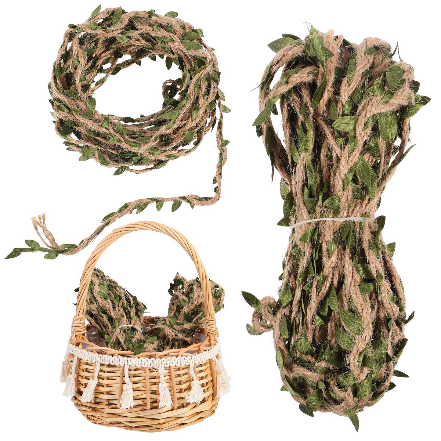 DOPENSPI 66 Feet Natural Jute Twine Ribbon with Artificial Vine Green Leaves, Burlap Leaf Ribbon Hemprope Jungle Vines Twine for Crafts Jungle Safari Party Baby Shower Wedding Home Decor Decoration