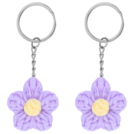 AOZUO 2pcs Daisy Keychain, Crochet Daisy Flower Keyring Handmade Weaving Floral Bag Charms for Purse Wallet Handbag Bags Decor(Purple)