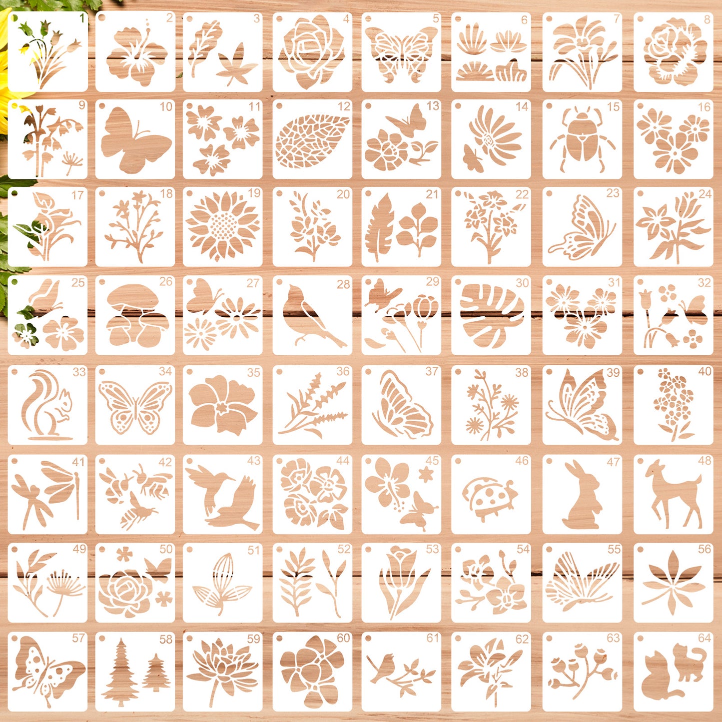 BOHUIZ 64 Pcs Stencils for Painting, 3 Inch Waterproof Plastic Floral Stencils for Crafts Reusable Drawing Stencil with Flowers Leaves Animals for Painting on Wood Wall Tile Home Decor