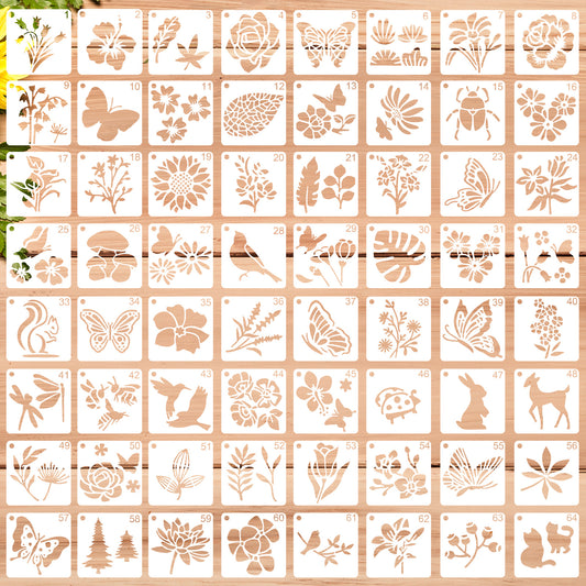 BOHUIZ 64 Pcs Stencils for Painting, 3 Inch Waterproof Plastic Floral Stencils for Crafts Reusable Drawing Stencil with Flowers Leaves Animals for Painting on Wood Wall Tile Home Decor
