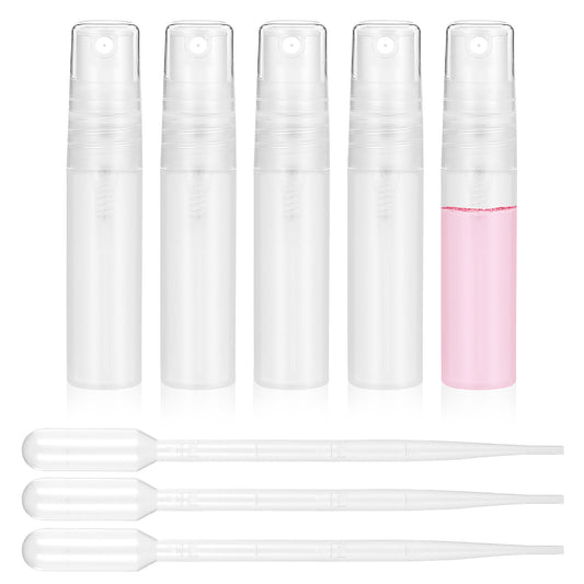 Bewudy 5 Pcs Mini Spray Bottle, 10ml Mini Plastic Spray Bottle Empty with 3 Pcs Transfer Pipettes, Fine Mist Refillable Mini Perfume Bottle, Perfume Atomizer Clear Plastic Portable Travel Bottle(5ML)