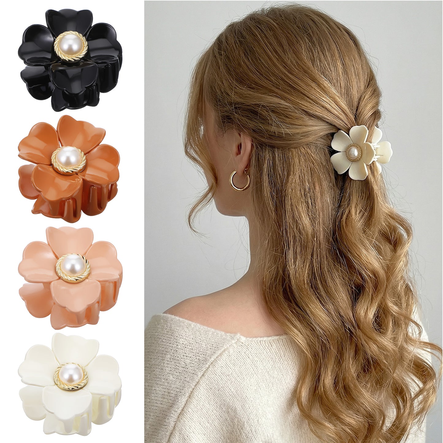 Yuanchu 4Pcs French Flower Claw Hair Clips for Women, Non-Slip Strong Hold Hair Claws for Thick and Thin Hair Plumeria Hair Accessories for Daily and Special Occasions