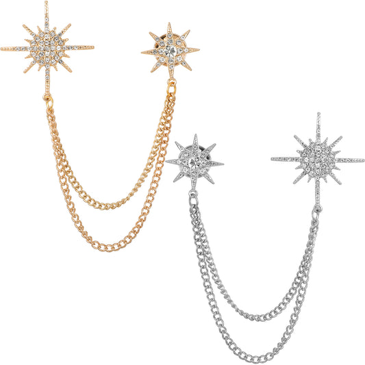 MBAIYO 2 Pcs Rhinestone Star Brooches for Women, Gold Silver Snowflake Broaches Pins Crystal Snowflake Brooch Lapel Pins Dress Suit Brooch with Tassel Chain Suit Accessories Clip Broach for Women Men